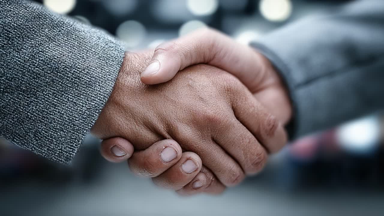 A Close-Up Perspective of a Firm Handshake Signifying Agreement and Collaboration in a Professional Setting, Highlighting Trust and Partnership among Individuals