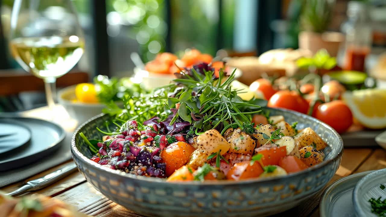 Colorful salad served at outdoor table. Fresh salad with vibrant vegetables and herbs is served on a wooden table in a sunny outdoor setting