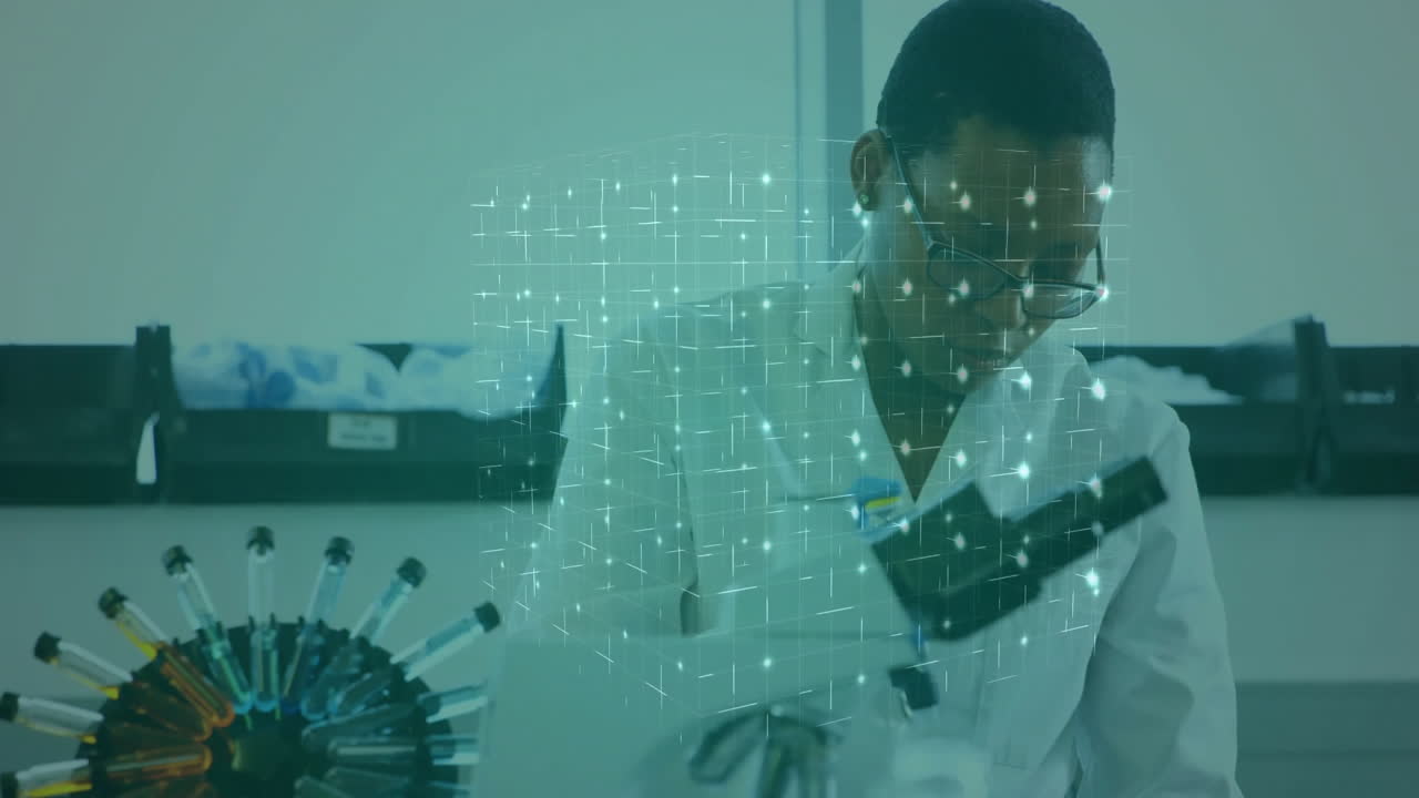 Animation of data processing over african american female scientist in laboratory