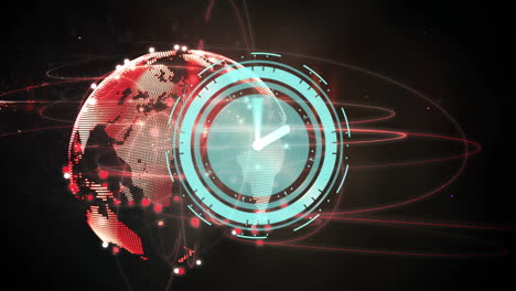 animation of neon ticking clock and light trails over spinning globe against black background