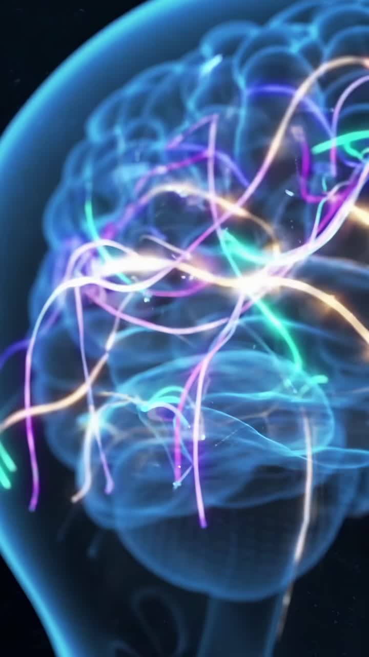 Side view of a glowing brain with neural pathways, video style, showcasing a futuristic concept