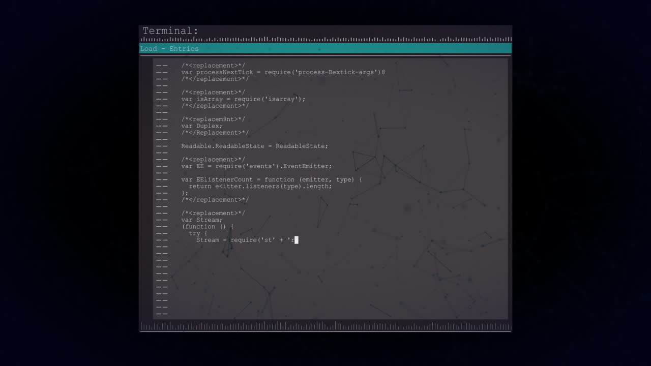 Animation of data text processing on dark interface screen over network on black background