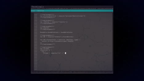 Animation-Der-Datentextverarbeitung-Auf-Einem-Dunklen-Schnittstellenbildschirm-über-Dem-Netzwerk-Auf-Schwarzem-Hintergrund
