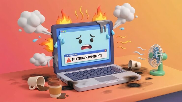 Laptop-GAU: Cartoon-Darstellung von Überarbeitung und Stress