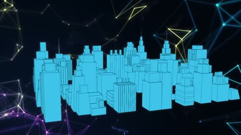 Animation-of-network-of-connections-over-3d-cityscape-drawing