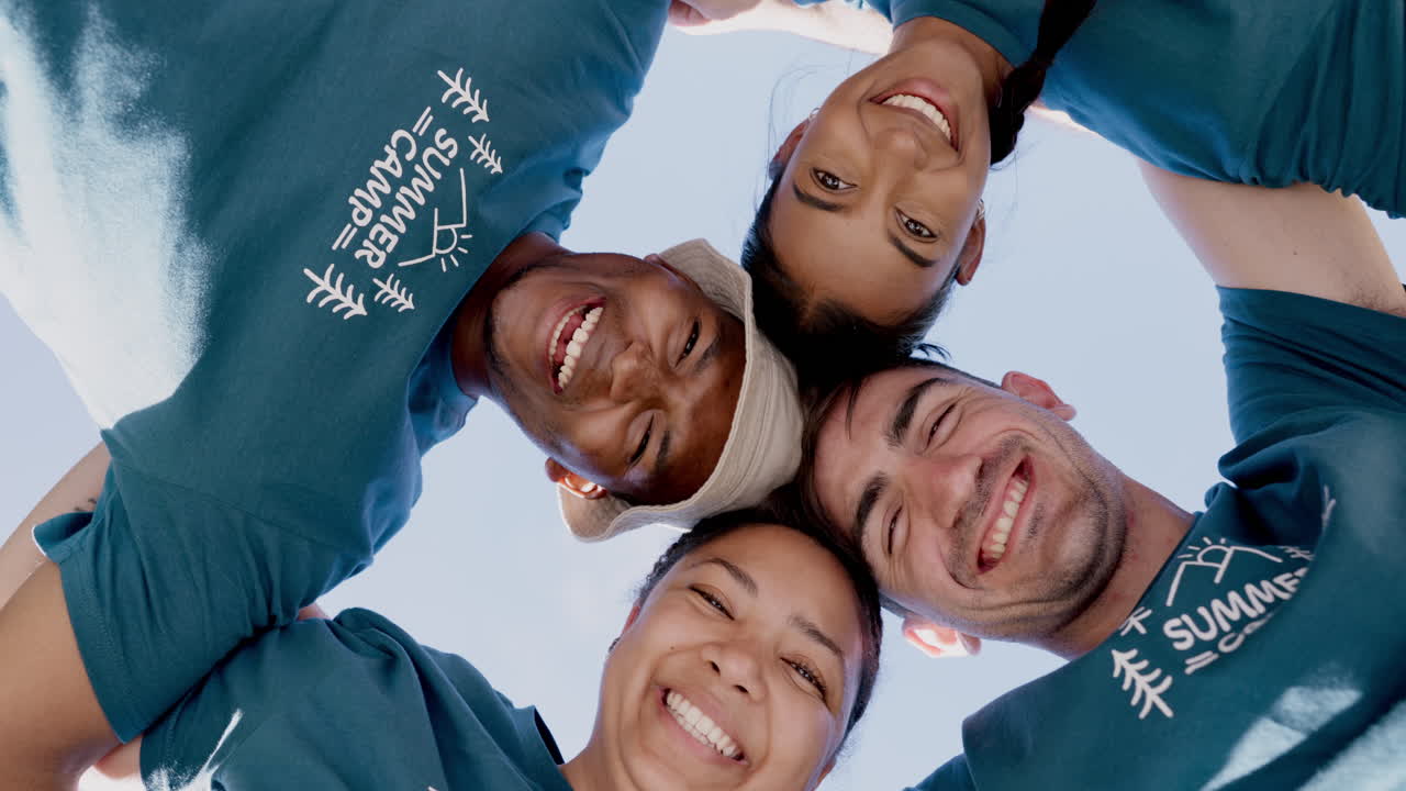 Teamwork, face or happy volunteers in huddle