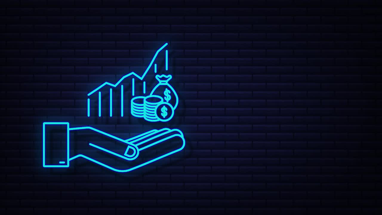 Neon profit money or budget. Cash and rising graph arrow up in hands. Capital earnings, benefit. motion graphic