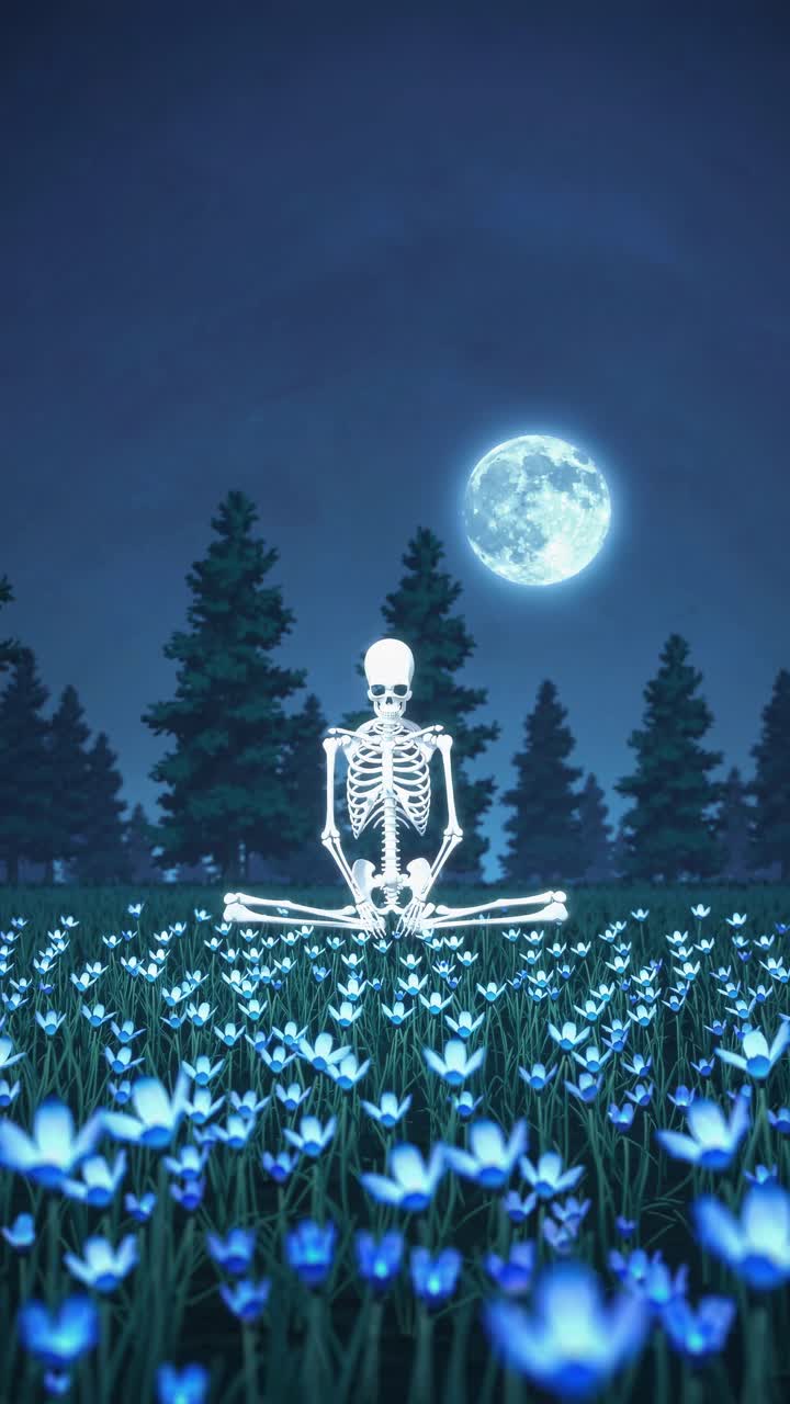 A skeleton sits in a field of glowing blue flowers under a full moon