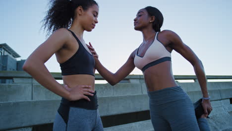 city, fitness or friends stretching before running