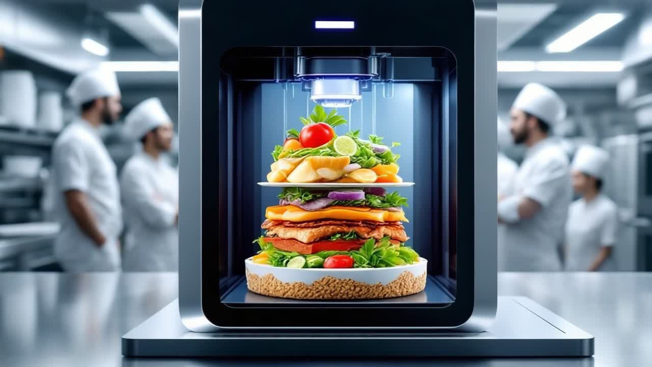 Innovative food printer is assembling a colorful layered dish with fresh vegetables and proteins in a contemporary kitchen, showcasing advanced culinary technology and creativity in food preparation