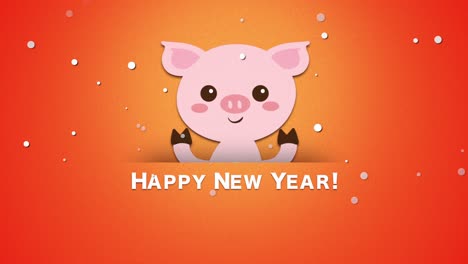 happy new year with pink pig on orange background