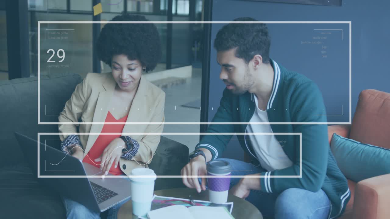 Woman opening laptop toward man in lounge, initiating HUD readouts, both analyzing analytics