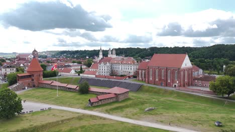 Reveal shot of downtown of Kaunas city, aerial ascending