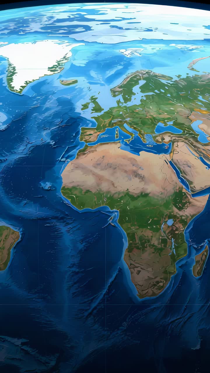 Video verticale: rendering in 3D del globo che ruota dopo la panoramica della camera sopra l'Atlantico orientale, con rilievo dell'Africa
