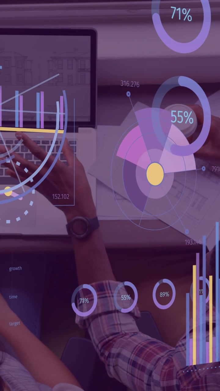Animation of financial data processing over diverse business people