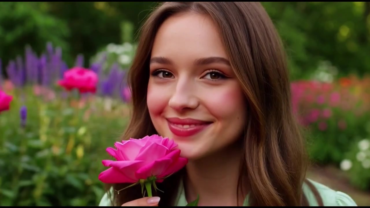 Giovane donna che annusa una rosa rosa in un giardino fiorito