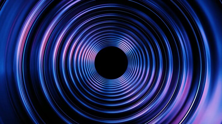 Fundo de movimento abstrato com anéis concêntricos brilhantes em azul e roxo