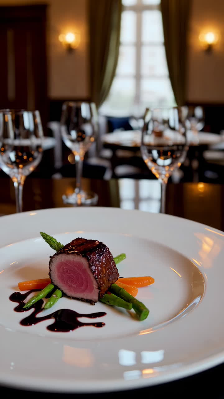 Exquisite Seared Tuna with Asparagus and Carrots in an Elegant Restaurant Setting