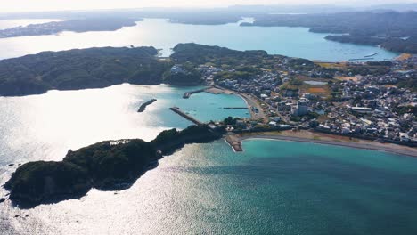 wide aerial view of osatsu town in toba, japan