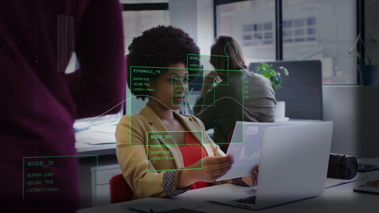 Woman flipping docs checking laptop for business, green HUD aligning with her while peer occluding