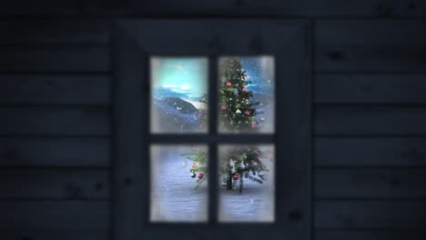 Animation-Von-Schnee,-Der-über-Den-Weihnachtsbaum-Fällt,-Und-Winterlandschaft,-Die-Durch-Das-Fenster-Gesehen-Wird