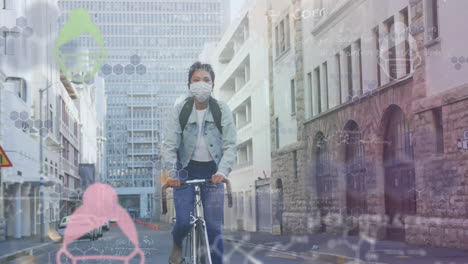 animation of a woman with a mask and a bike over macro icons