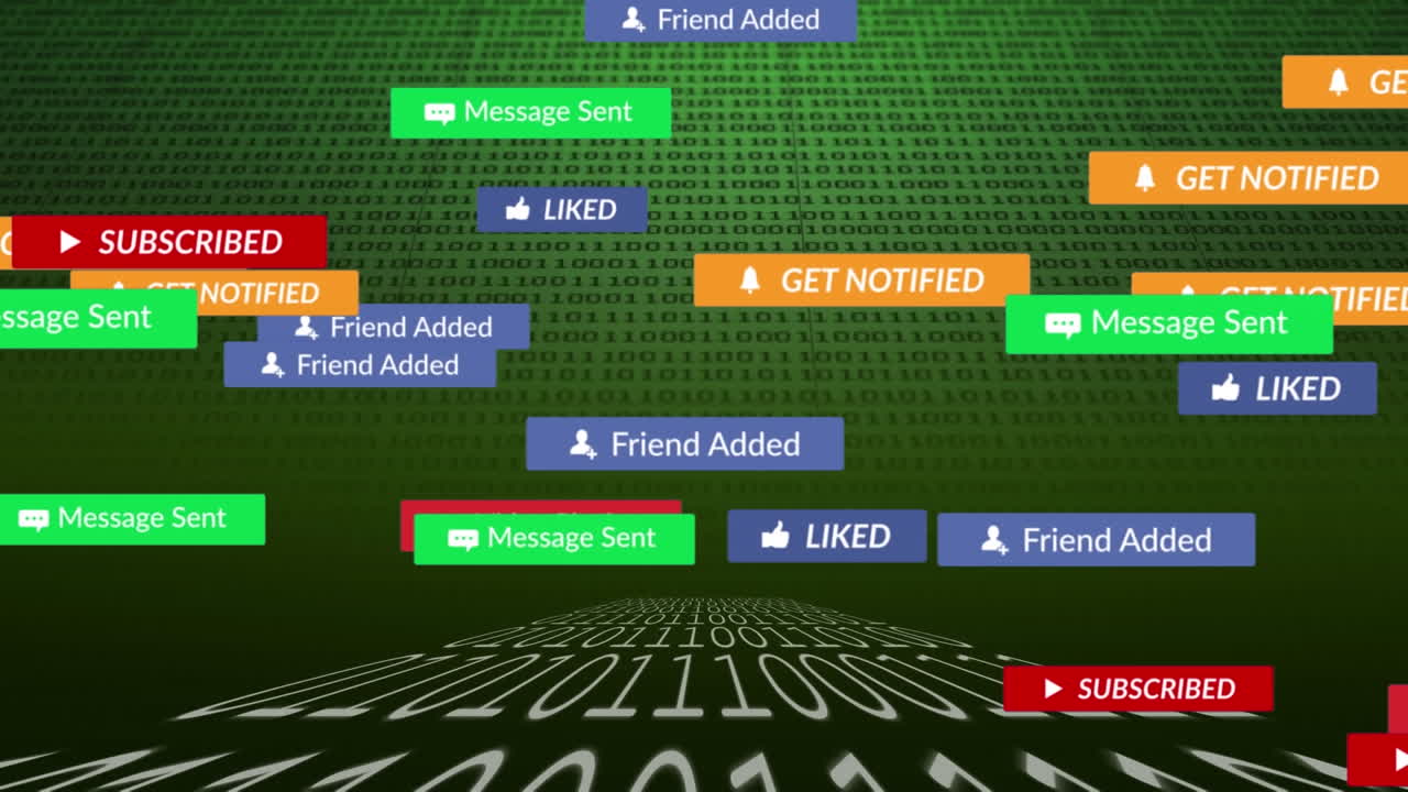 녹색 배경에 데이터 처리를 통해 소셜 미디어 텍스트의 애니메이션