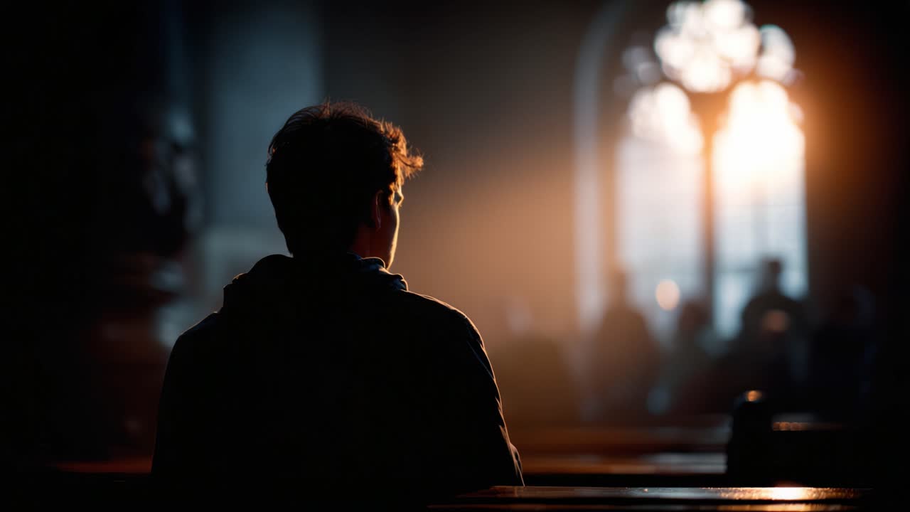 Una figura contemplativa siede silenziosamente in uno spazio con illuminazione soffusa, immersa nei suoi pensieri mentre una luce calda filtra dalle finestre, evocando un senso di pace e riflessione