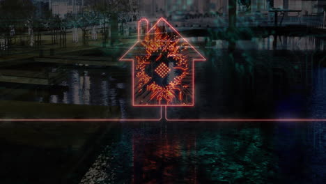 circuit board home icon glowing over water while neon circuit line stretching across wooden docks