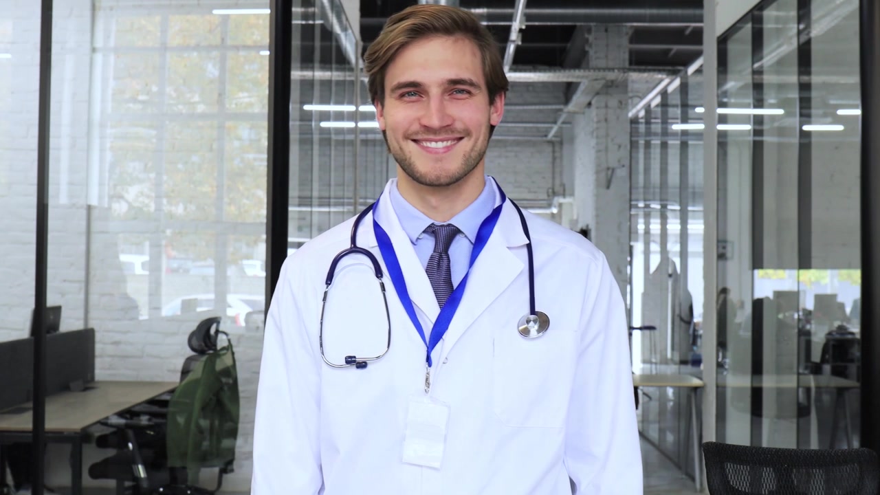 Joven médico seguro de sí mismo sonriendo en una oficina moderna