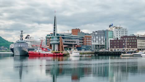 View-of-a-marina-in-Tromso,-North-Norway