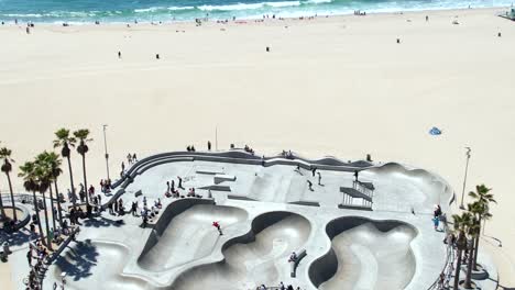 Aerial-View-of-Venice-Beach-Skate-Park,-Los-Angeles-USA,-Official-Venue-for-2028-Olympics-Skating-Competition,-Drone-Shot