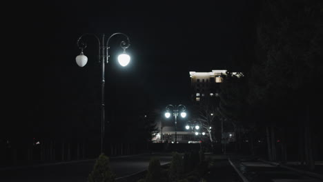 close-up view of elegant street lamps illuminating a quiet urban street at night. the lamps cast a soft, white glow, highlighting the trees and path beneath them