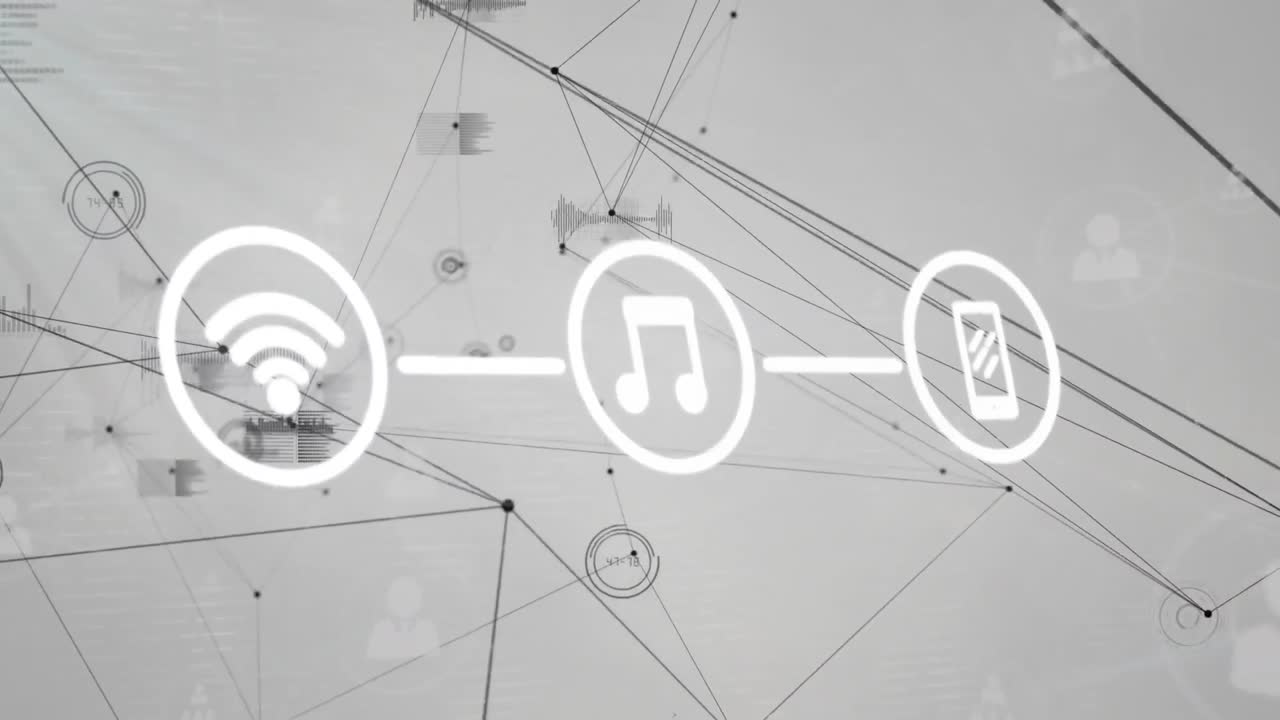 Animazione di una rete di connessioni con icone ed elaborazione dati su sfondo bianco.