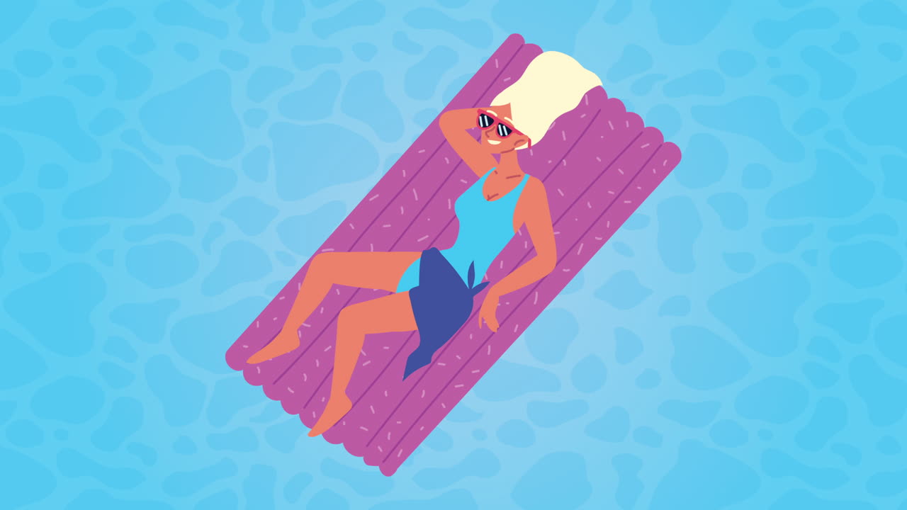 woman relaxing in purple mat floating animation