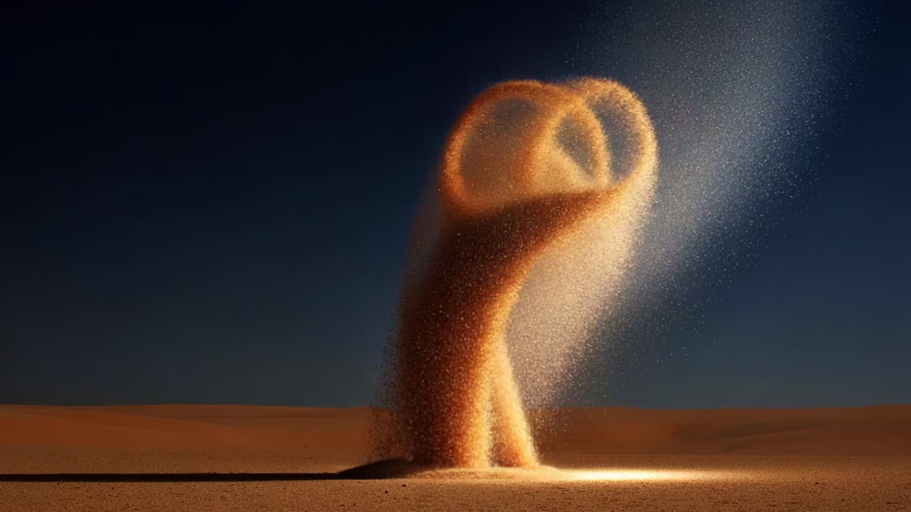 A mesmerizing display of sand particles forms an ethereal figure in a breathtaking desert landscape, capturing the beauty of nature's artistry in motion and light reflection