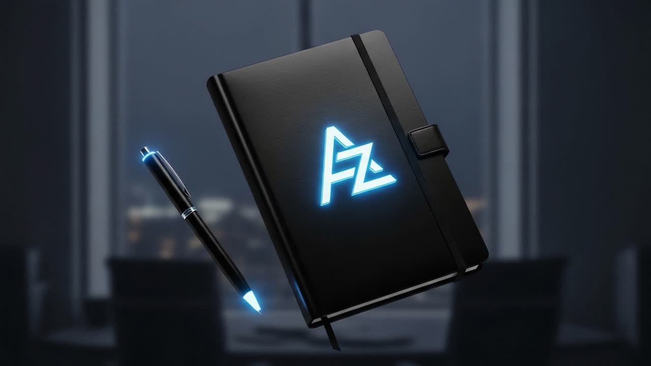 A sleek, modern notebook with a glowing logo against a stylish, contemporary background, accompanied by a matching illuminated pen, ideal for creative brainstorming and note-taking