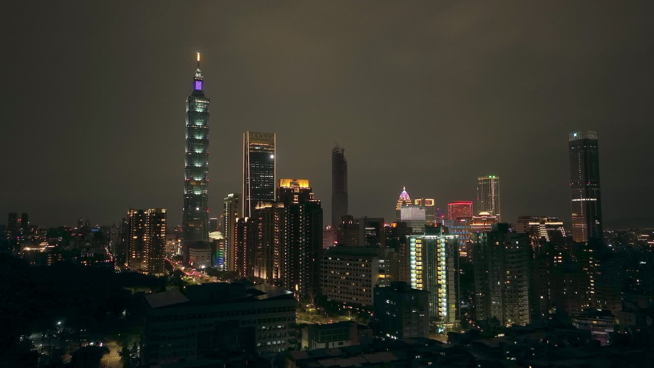 Aerial shot of palm tree silhouette and majestic lighting skyline of Taipei City at night in background