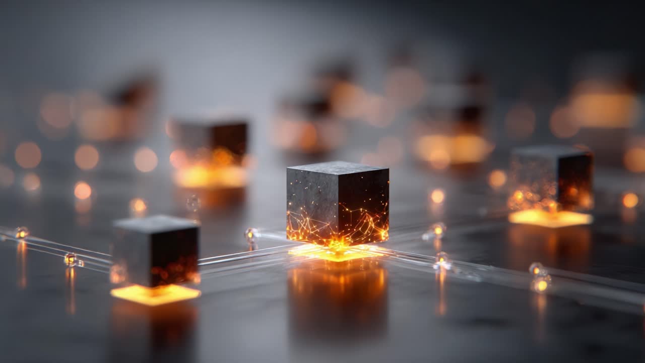 Illuminated Cubes on a Digital Circuit, Representing the Intersection of Technology and Modern Connectivity in a Futuristic Environment