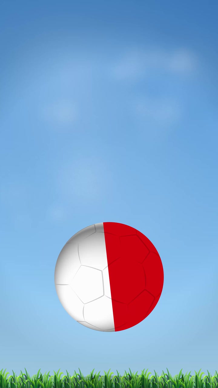 Red and white soccer ball bounces vertically against a blue sky and green grass background.