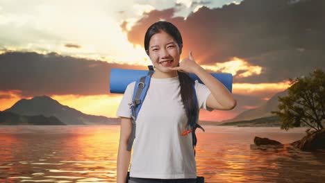 smiling tourist making phone gesture at sunset