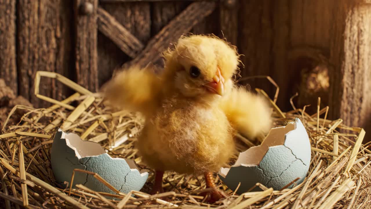 Søt kylling klekkes fra blått egg i et stråreir