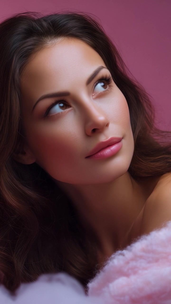 Ritratto accattivante di una bella donna con trucco glamour su uno sfondo rosa tenue, che cattura eleganza e serenità in un'ambientazione estetica da sogno