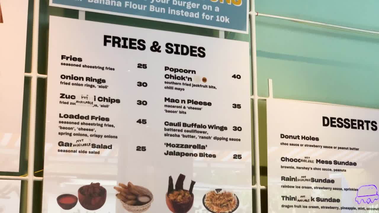 lista de elementos del menú de restaurantes de cadenas de comida rápida veganas a base de plantas