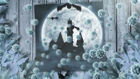 animation of full moon and castle with multiple covid 19 cells floating on rustic background