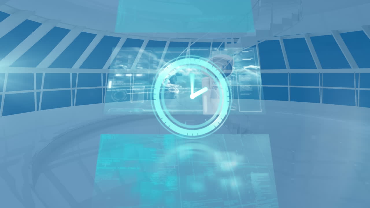 움직이는 시계의 애니메이션과 배경의 화면에서 다양한 데이터 처리