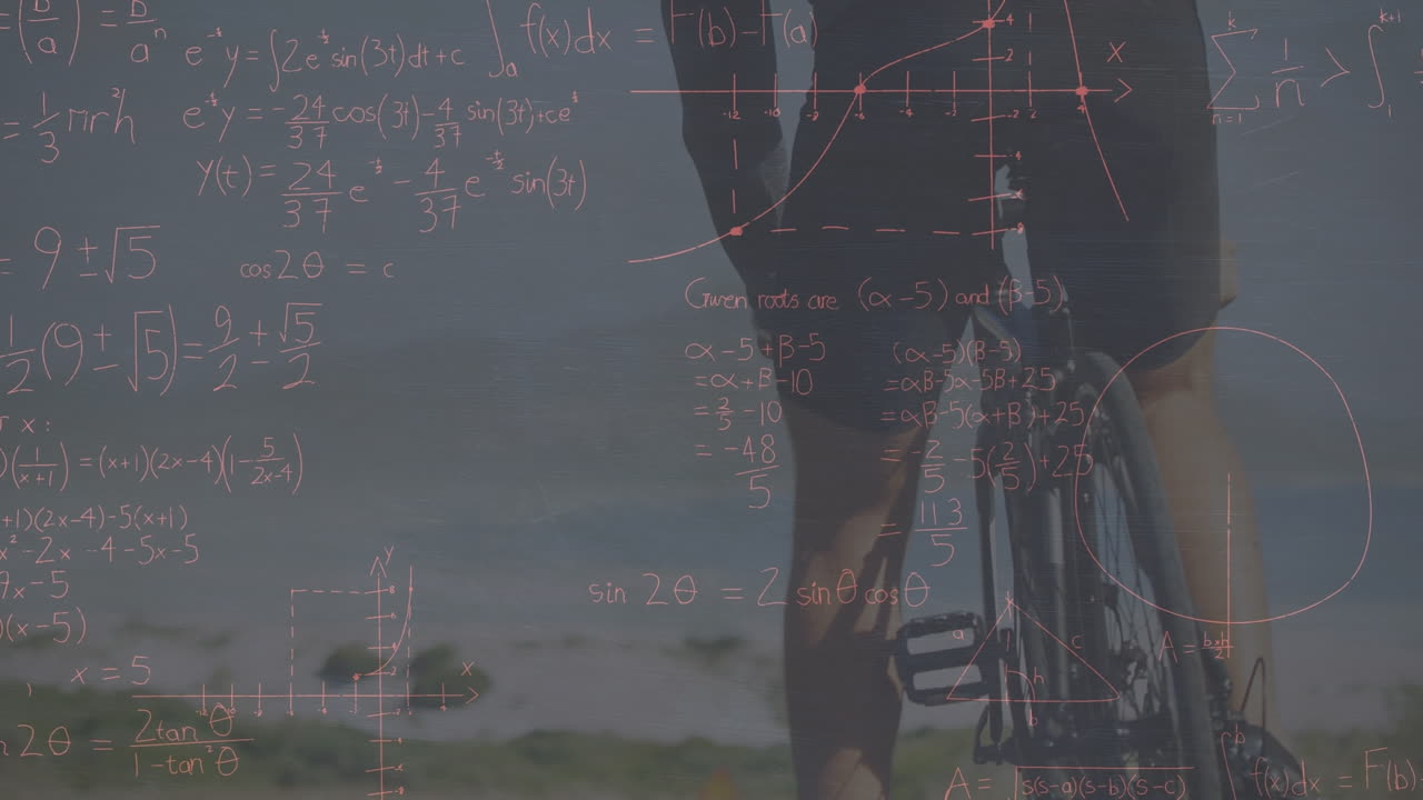 animación de ecuaciones matemáticas sobre un hombre caucásico montando en bicicleta