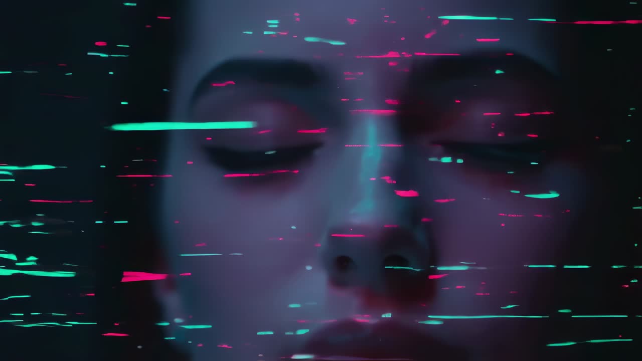 Digital glitch distorting woman's face with closed eyes, revealing colorful abstract lines and technological interference in surreal, dreamlike visual aesthetic