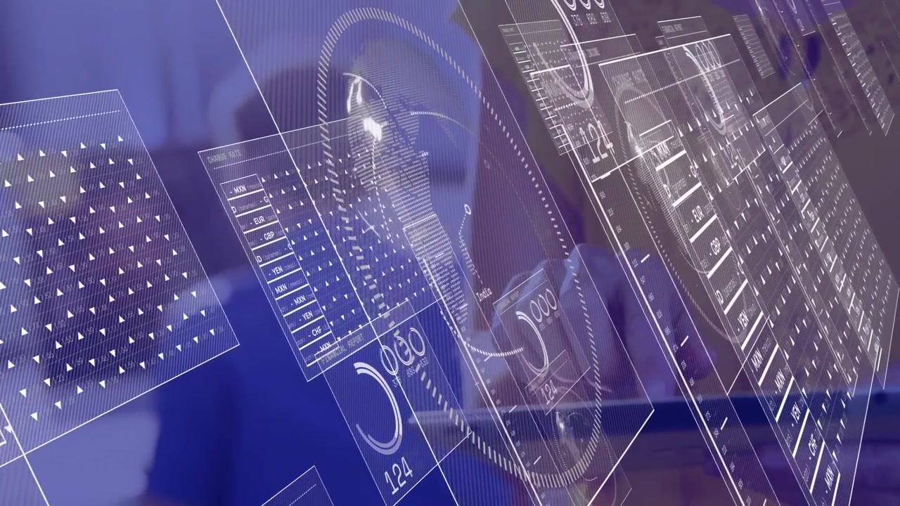 Man hovering finger above tablet screen and tapping to adjust currency gauge values in finance