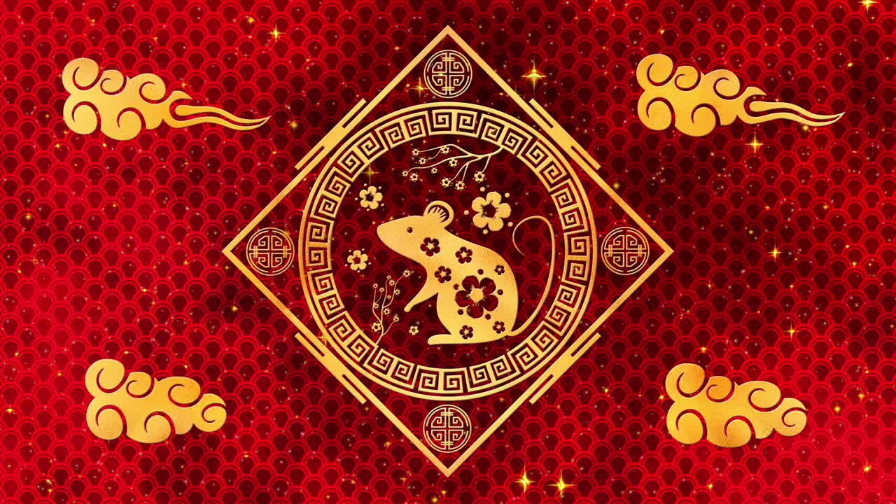 año nuevo lunar, fondo del festival de primavera con rata dorada, patrón de seda roja. año nuevo chino telón de fondo de papel rojo para el evento de vacaciones. animación de renderización 3d. bucle sin costuras 4k